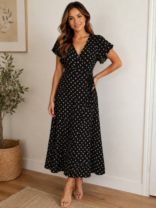 LOFT Dresses & Skirts - LOFT Size 10 Black Geometric Print Rayon V-Neck Short Sleeve Maxi Dress